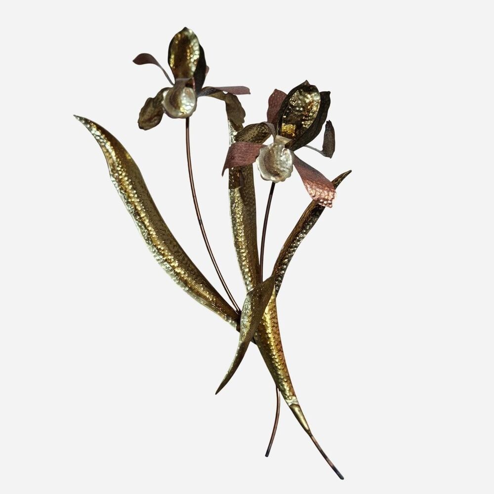 vintage cottagecore boho brass metal irises wall decor
